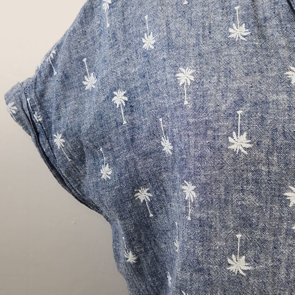 Old Navy Women's Large Denim Linen Blend Palm Tree Button-Down Tie-Front Shirt - Picture 6 of 16